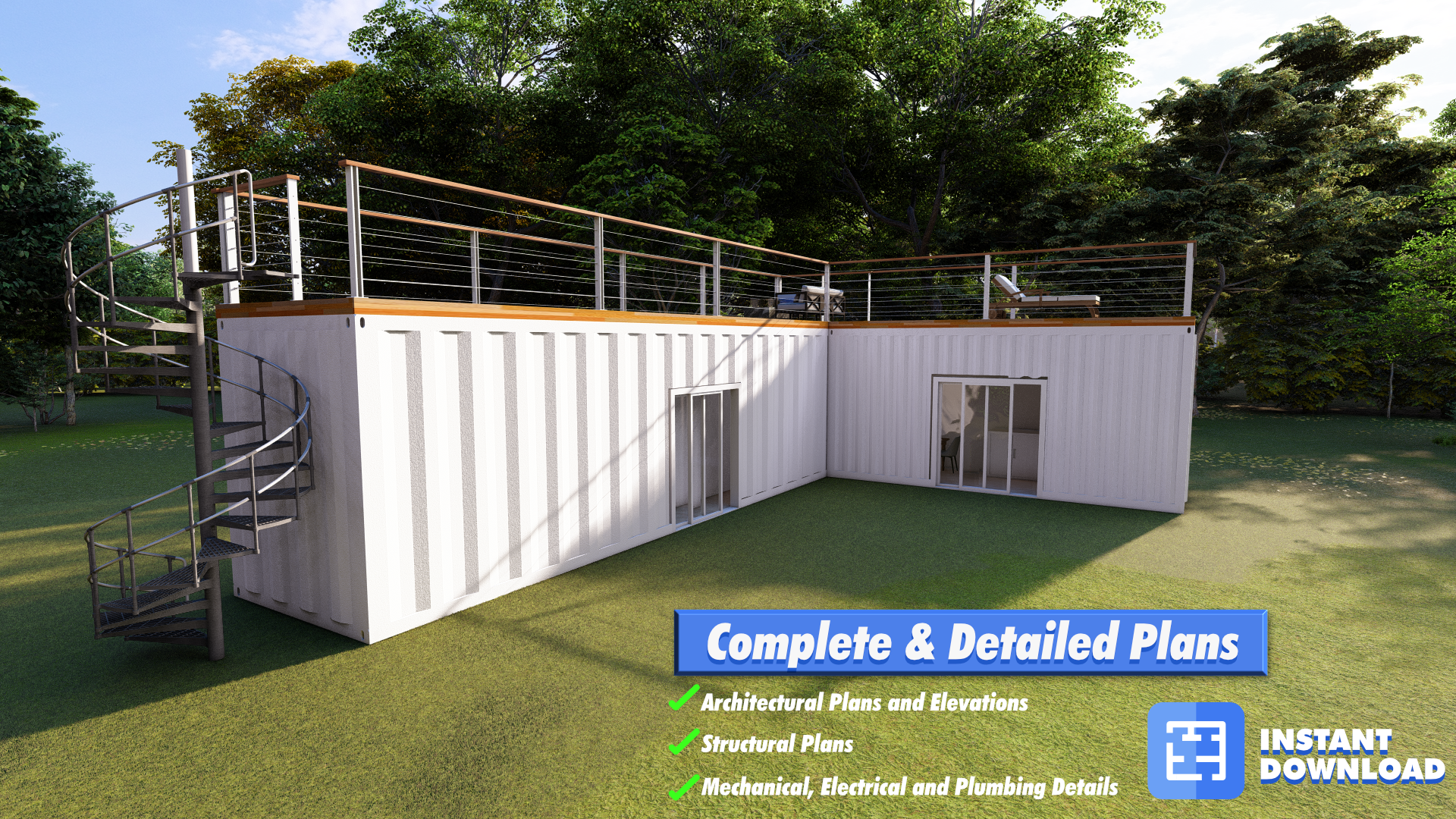 Premium Pre-Engineered 480sqft Shipping Container Home Plans: 40ft & 20ft L-Shaped Design with Rooftop Oasis plan by Oasis Designs