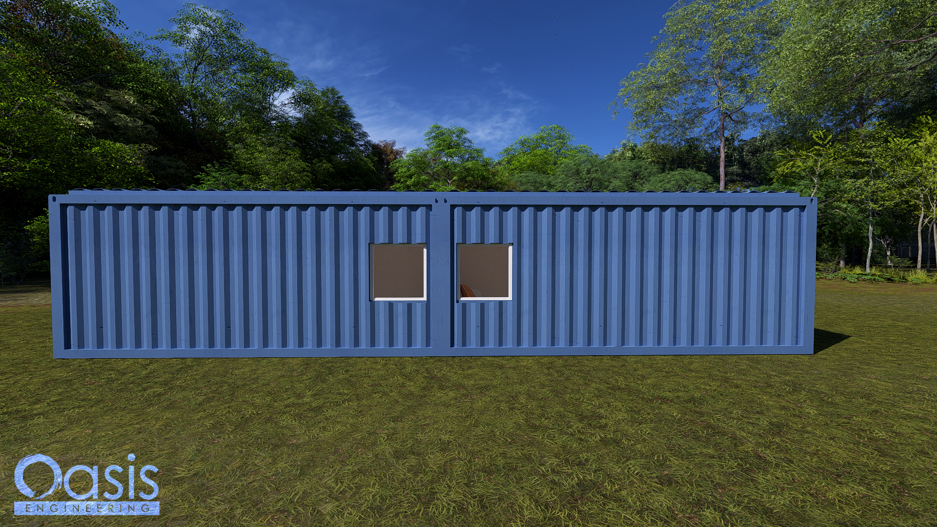 High-resilience container home structure designed by Oasis Engineering for disaster relief housing