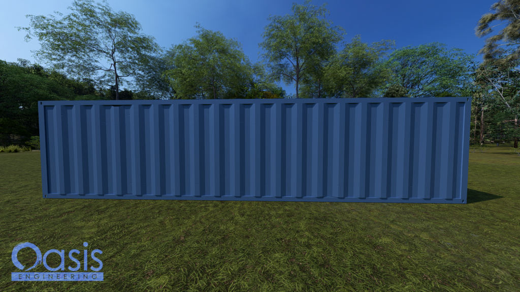 High-resilience container home structure designed by Oasis Engineering for disaster relief housing