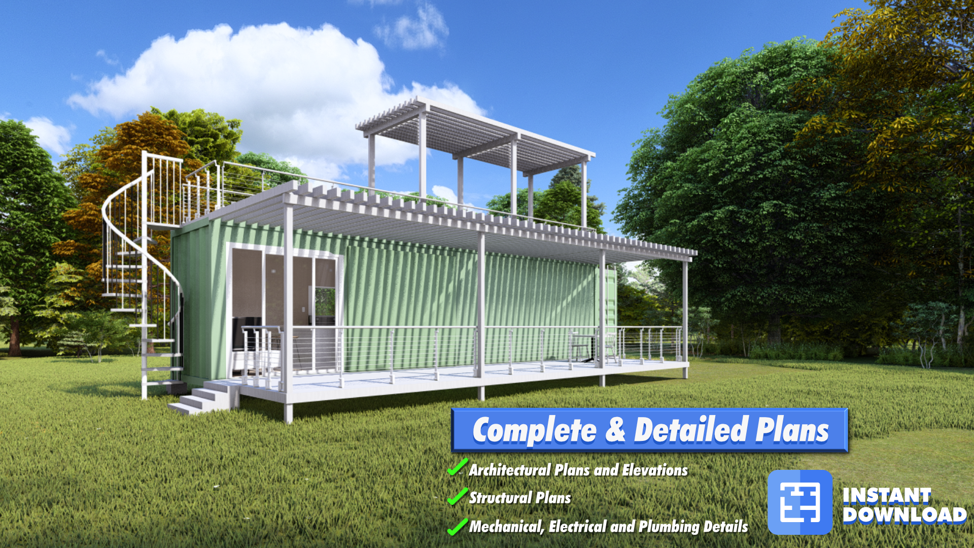 Peaceful Retreat: 40ft Shipping Container Home with Rooftop & Front Porch Decks plan by Oasis Designs