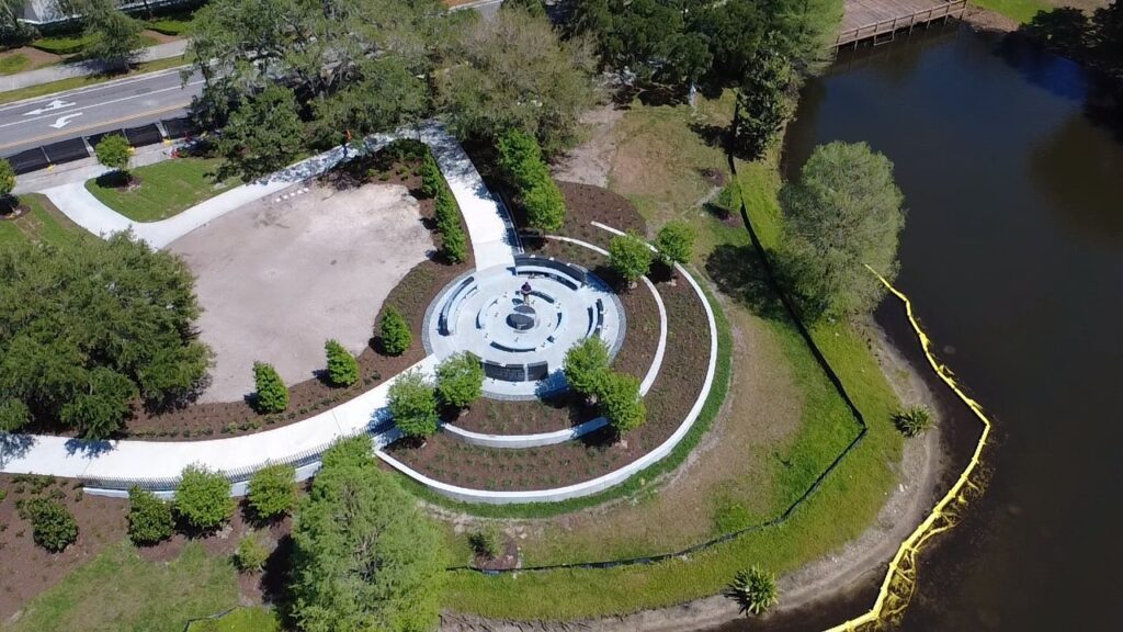 Aerial view of the circular Ripple memorial plaza